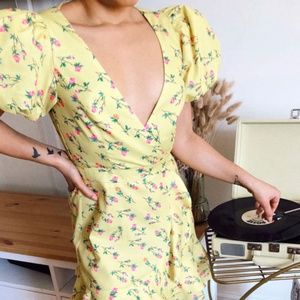 Yellow Floral Puff Sleeve Dress